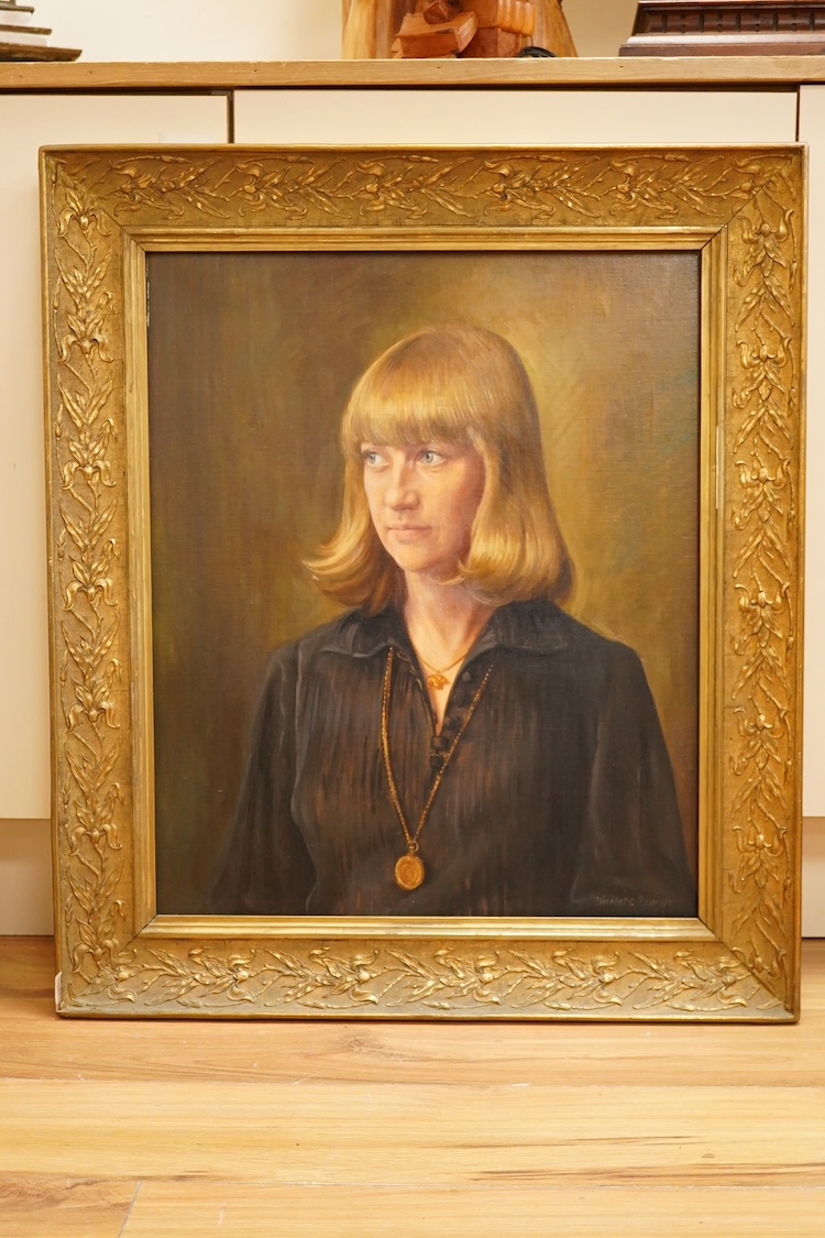 Theodore Ramos (Spanish, 1928-2018), portrait of a lady, signed, oil on canvas, gilt framed, 58 x 48cm